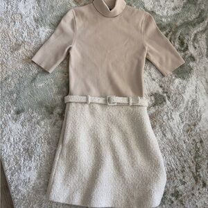 Theory Cream and Beige Mini Dress with Textured Skirt